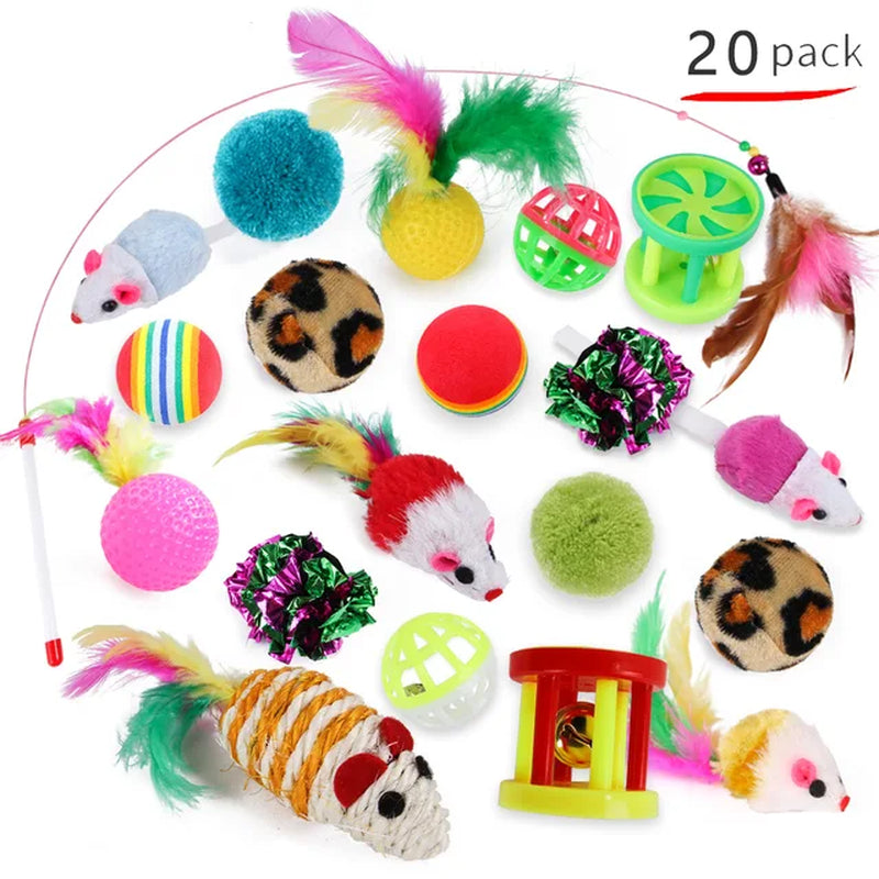 20 Sets Cat Interactive Toy Rainbow Ball Cat Toy Colorful Feather Wand Plush Mouse Cat Sticks Toys for Cats Pet Cat Accessories