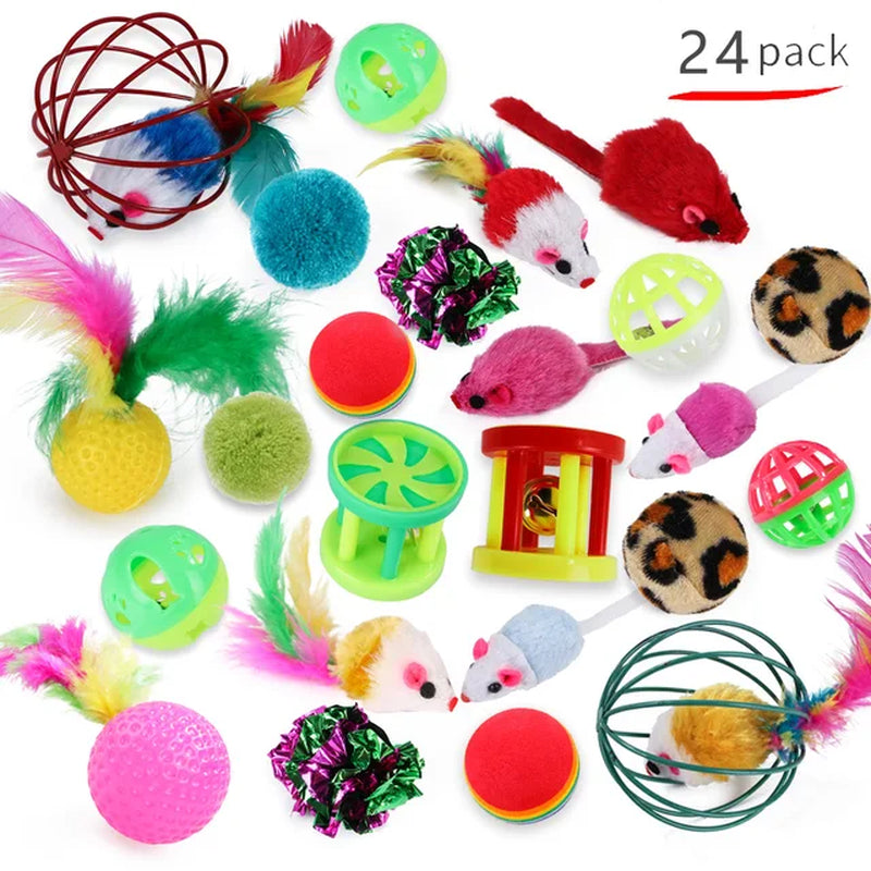 20 Sets Cat Interactive Toy Rainbow Ball Cat Toy Colorful Feather Wand Plush Mouse Cat Sticks Toys for Cats Pet Cat Accessories