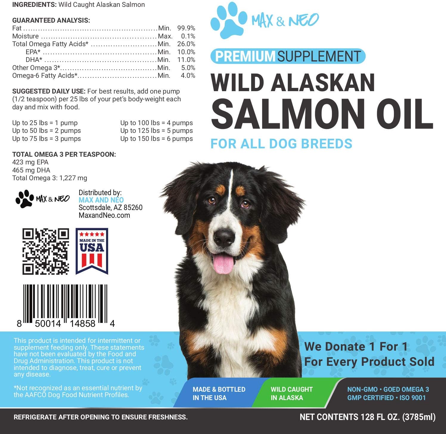 100% Pure Wild Caught Alaskan Salmon Oil for Dogs and Cats - We Donate One for One to Dog Rescues for Every Bottle Sold (16Oz)