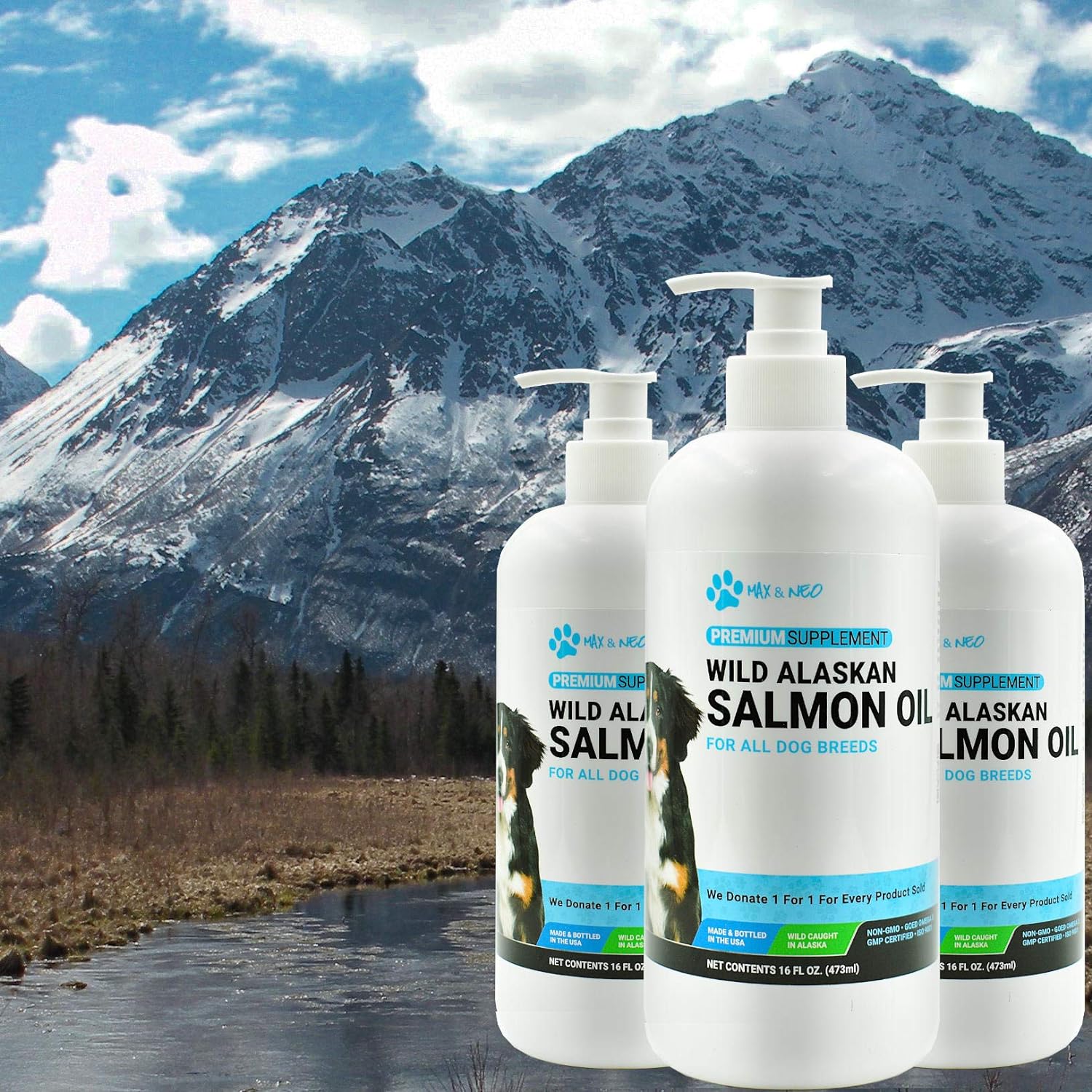 100% Pure Wild Caught Alaskan Salmon Oil for Dogs and Cats - We Donate One for One to Dog Rescues for Every Bottle Sold (16Oz)