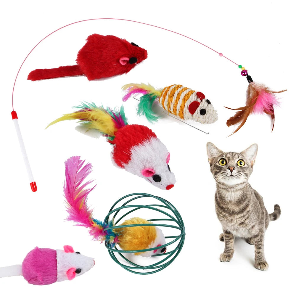 20 Sets Cat Interactive Toy Rainbow Ball Cat Toy Colorful Feather Wand Plush Mouse Cat Sticks Toys for Cats Pet Cat Accessories