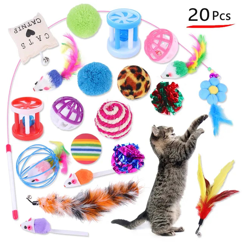 20 Sets Cat Interactive Toy Rainbow Ball Cat Toy Colorful Feather Wand Plush Mouse Cat Sticks Toys for Cats Pet Cat Accessories