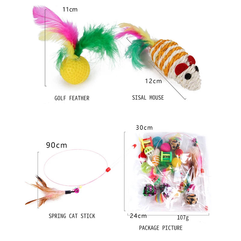 20 Sets Cat Interactive Toy Rainbow Ball Cat Toy Colorful Feather Wand Plush Mouse Cat Sticks Toys for Cats Pet Cat Accessories